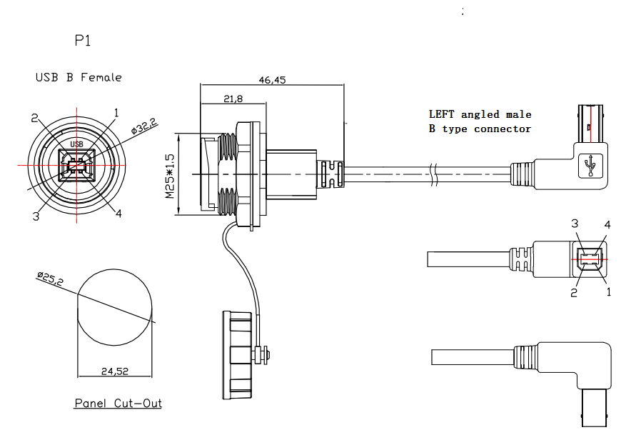 Type-B Connector Male To Female 